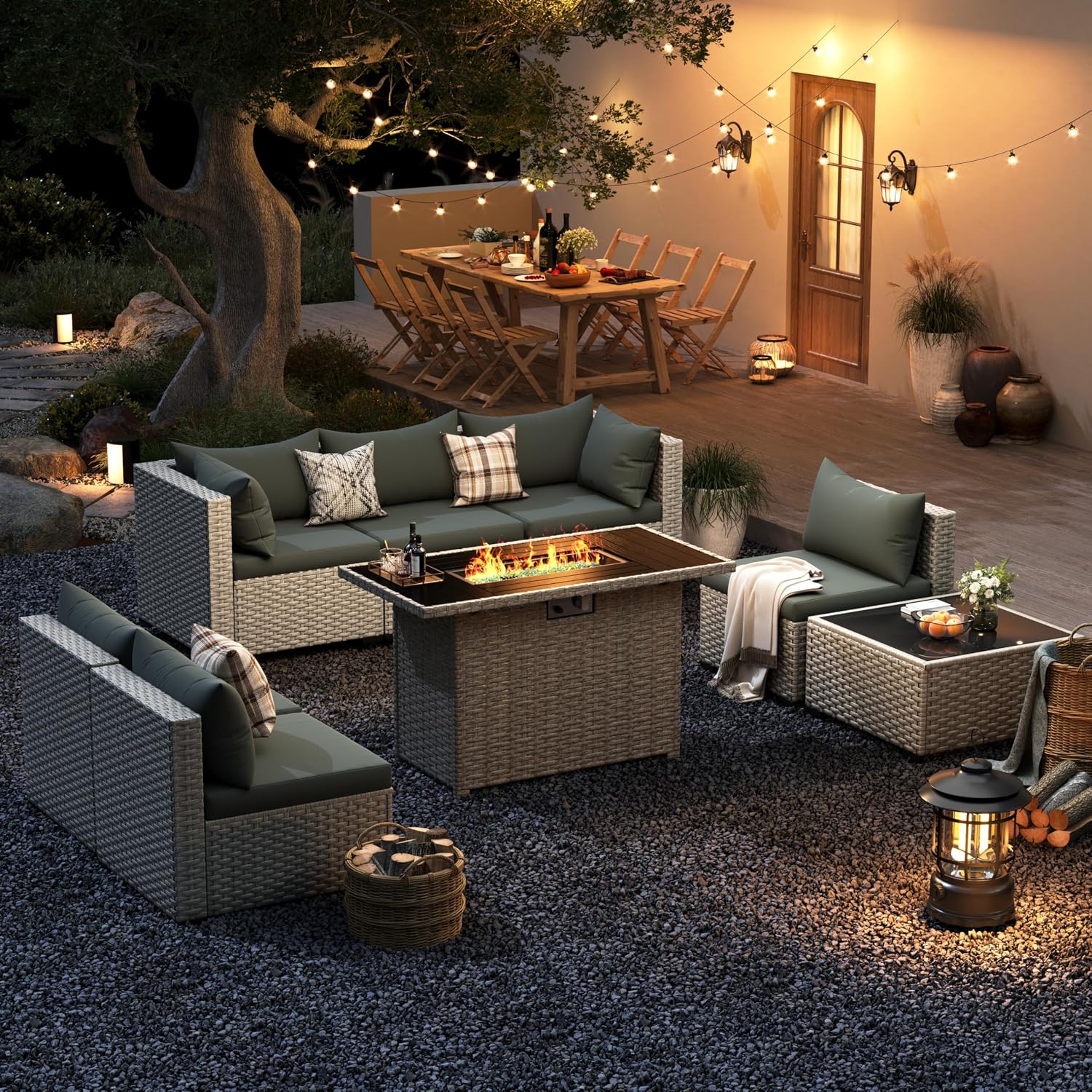 Outdoor Furniture Set With Fire Pit - 8-Seat Outdoor Sectional Sofa Set with