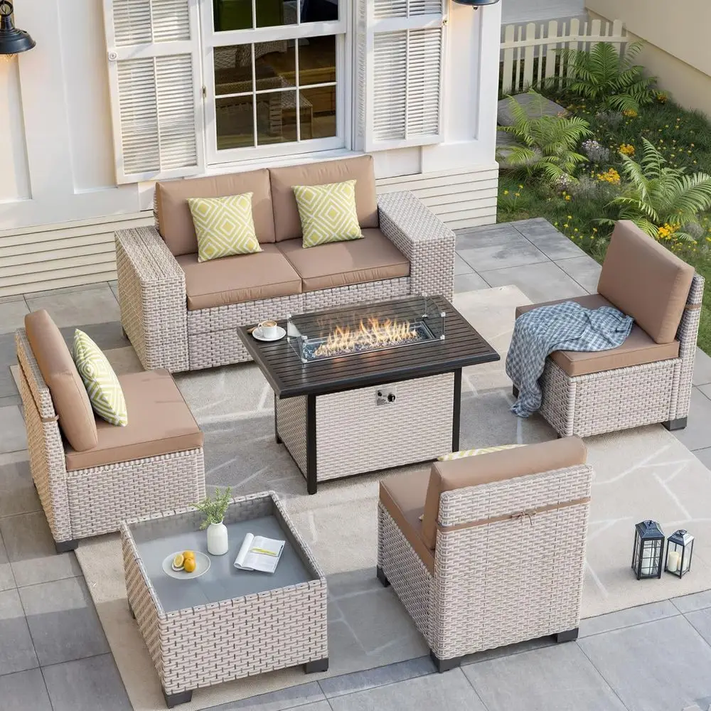 Outdoor Furniture Set With Fire Pit - 7-Piece Outdoor Patio Furniture Set with